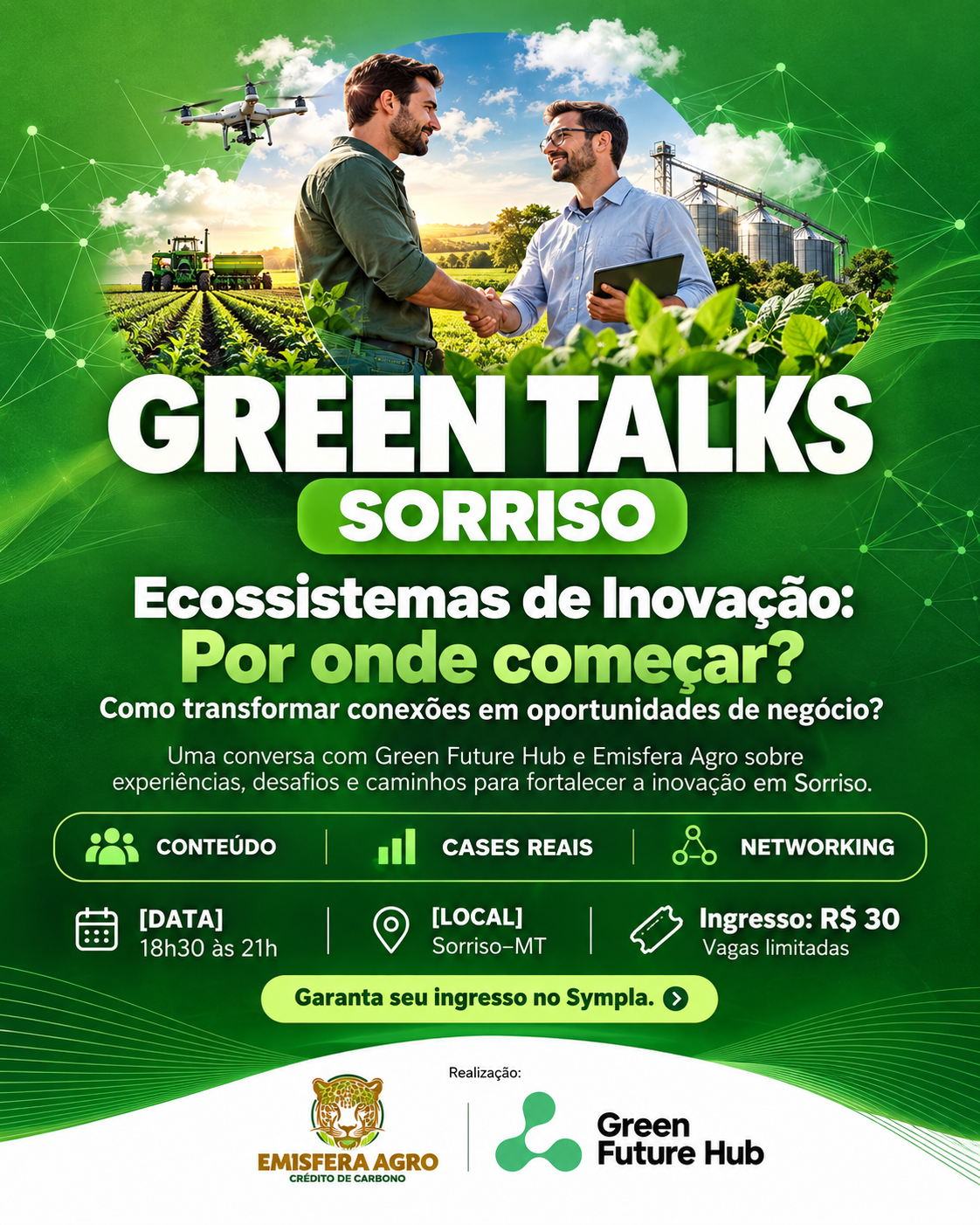 Composição ilustrativa de profissionais se conectando no agro, com lavoura, drone e silos